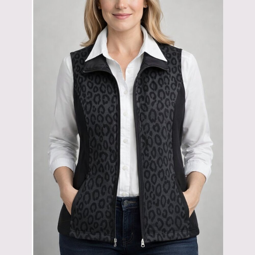 Allison Daley Animal Print Zip Front Vest - Black/Grey | Size M